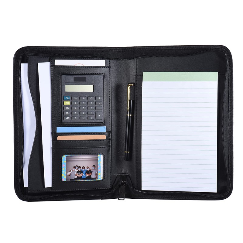 A5 PU Leather Business Portfolio with Calculator Zippered Document Organizer