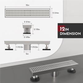 WEBANG 12 Inch Linear Shower Drain Rectangular Floor Drain with Accessories Square Hole Pattern Cover Grate Removable SUS304 Stainless Steel CUPC Certified Brushed