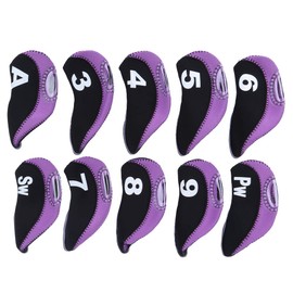 HilBeliFU 10Pcs Head Covers for Golf Clubs, Neoprene Golf Iron Covers Set with Number Convenient, Soft Universal Iron Club Head Cover for Outdoor, Sports Lovers, Black Purple