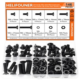 HELIFOUNER 146 Pieces M6 x 8mm /10mm /12mm /16mm /20mm /25mm /30mm, Countersunk Head Socket Cap Screws Bolts Washers Nuts Kit, 10.9 Grade Alloy Steel, Full Threaded, Black