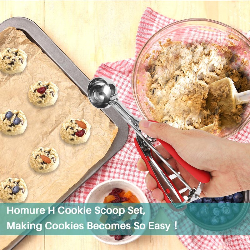 HOMURE Cookie Scoop - 1.5 Tbsp, Spring-Loaded, Red, Stainless Steel,