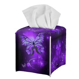 Talayituse Purple Butterfly Print Tissue Box Cover Square Tissue Box Holder with Bottom Belt, Foldable Napkin Facial Tissue Holder Dispenser Home Car Decor Facial Paper Organizer