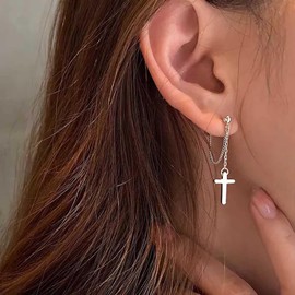 Erimberate Punk Cross Jacket Earrings Silver Crucifix Tassel Chain Earring Small Crucifix Tassel Dangle Earring Minimalist Cross Chain Drop Earrings Jewelry for Women