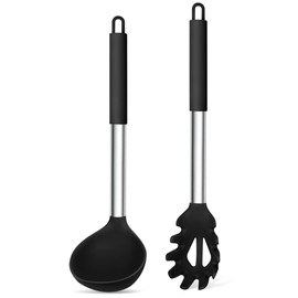 TeamFar Silicone Pasta Fork and Ladle Spoon Set, 2 Pcs Large Nonstick Kitchen Utensils with Stainless Steel Handle for Cooking, Draining, Serving Soup, Sauce, Spaghetti, Healthy & Heat-Proof, Black