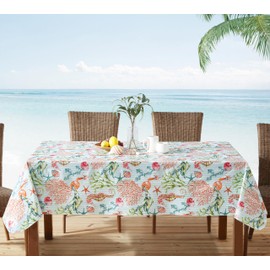 Newbridge Vinyl Rectangle Tablecloth with Flannel Backing, 60 x 120 Inch, Neponsit Sea Life, Waterproof, Soil Resistant Dining Room, Party Table Cover, Starfish, Seahorses and Coral, Blue