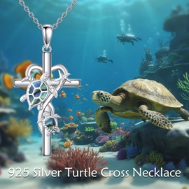 POPLYKE Turtle Necklace 925 Sterling Silver Sea Turtle Necklace Turtle Necklace for Women Turtle Jewellery Cross Necklace, Sterling Silver, Abalone shell