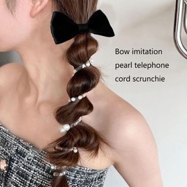 3 Pcs Bow Telephone Wire Hair Bands Pink Black Bowknot Braided Telephone Spiral Wire Hair Ties No Damage Phone Cord Headband Ponytail Holders Ribbon for Women