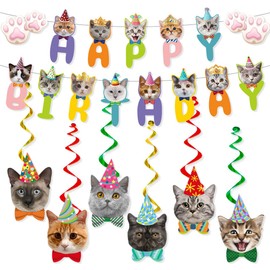 Cat Birthday Party Decorations Cat Face Paw Happy Birthday Banner Garland Hanging Swirls Pet Cats Party Supplies for Kids Boys Girls Pet Cats Theme Bday Baby Shower Party Bunting Backdrop Decorations