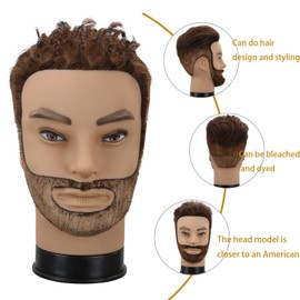 Male Mannequin Head,Training Head with 100% Human Hair 12inch Barber Mannequin Head Male Mannequin Head With Beard for Hair Styling, Practicing Cut Styling（With Beard,Dark Brown）