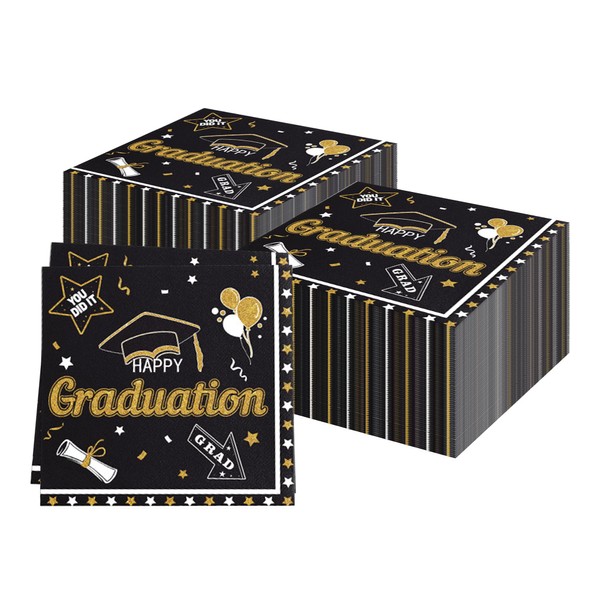 100Pcs Graduation Party Napkins,Black and Gold Paper Napkins Class of