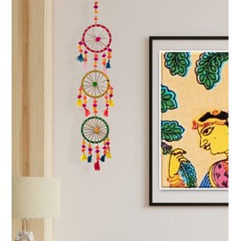 Traditional Handcrafted Colorful Pompom Door Decorative Hanging Latkan Home Décor for Home Offices Hotel and Gifting (Red Yellow Green Circle- Single String)