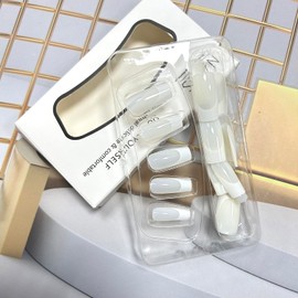 Press on Nails Medium Length Milk White Gradient False Nails Artificial Acrylic Nails White French Fake Nails Square Nails 24Pcs Full Cover Glossy Reusable Coffin Nails Glue on Nails for Women