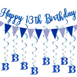 Elicola Happy 13th Birthday Banners Blue Happy 13th Birthday Banner Bunting Including 8 PCS Swirl Hanging for Teen Boys Happy 13th Birthday Decorations Supplies