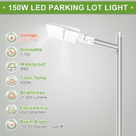 150W LED Shoebox Pole Light for Parking Lots - White 5000K, Dimmable, 21000LM, Surge Protection Built-in, Replaces 450W MH/HPS, Outdoor Area Street Lighting, 100-277V, DLC & UL Certified.