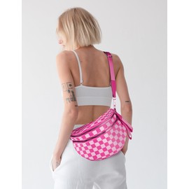 Checkered Crossbody Bum Bags for Women,Trendy Summer Nylon Large Capacity Checkered Cross Body Bag Purses for Women 2025 with Adjustable Strap(Pink)