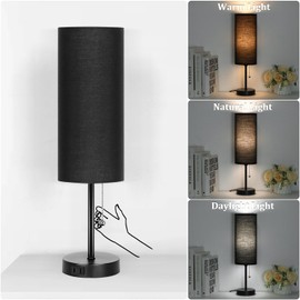 Dott Arts 18" Table Lamp for Bedroom, 3-Color Bedside Lamps with Pull Chain, Bedroom Table Lamps for Nightstand,AC Outlet Small Lamp for Living Room, Bulb Included Black