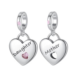Rimgoris 925 Sterling Silver Charm for Women Bracelets Necklace Family Mother and Daughter Heart 2 piece set 5A Cubic Zirconia Valentine Birthday Mother's Day Gift Charms for Women