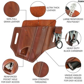 Multitool Sheath for Belt (Premium Leather) - EDC Pocket Organizer | Leatherman Holster | Handmade Leather Multitool Pouch with Pen Holder, Flashlight Sheath and Key Fob Clip by ATQANA® (Rust Brown)