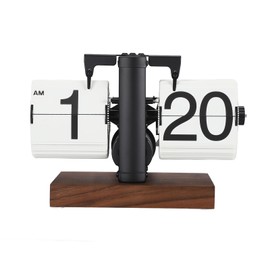 Digital Flip Clock 12h Single Sided Large Numbers Automatic Retro Mechanical Flip Clock Wood Base for Living Room Black Frame White Page