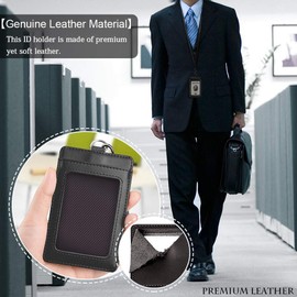 Black Leather Badge Holder with 3 Card Pockets, YTBUBOR Vertical Name Tag ID Card Holders with Retractable Reel Neck Strap & Detachable Metal Clips