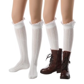 Syhood 2 Pairs White Button Boot Socks with Lace Trim Boutique Boot Socks Leg Knee High for Women