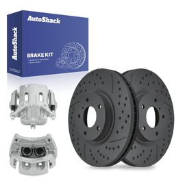 AutoShack 12.57" (319.3 mm) Front Vented Drilled & Slotted Brake Rotors Coated + Calipers Replacement for 2009-2013 INFINITI G37 2015 INFINITI Q40 Black Matte Finish 4-PC Brake Kit BlackShield