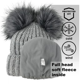 Braxton Beanie Women - 2 Pom Cable Knit Winter Warm Fleece Hat - Wool Snow Cuff Grey Ski Cap