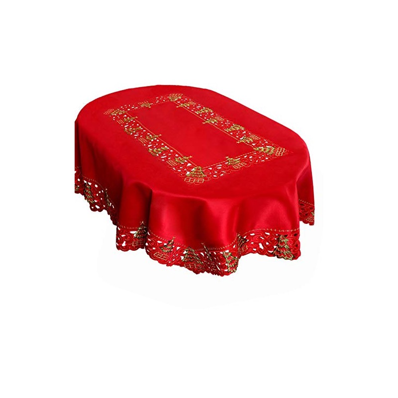 Grelucgo Embroidered Christmas Holiday Holly Tree Tablecloth (52 × 70