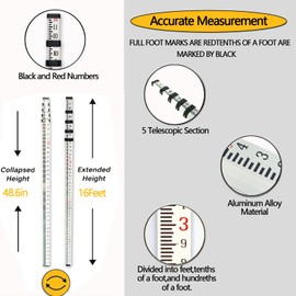 Grade Rod，16-Foot Aluminum Grade Rod - 10ths，Grade Stick for Laser Level，Survey Rod，Grade Rods，Survey Pole，With Bubble Level, 5-Stage Telescopic，Double-Sided Scale Telescopic Leveling Rod
