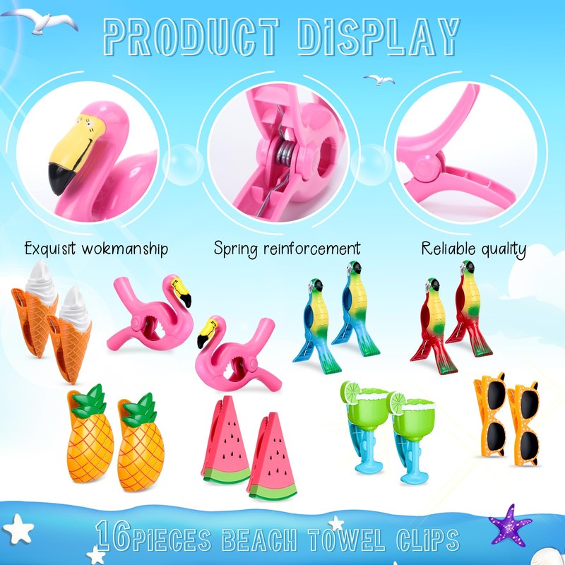 Rtteri 16 Pcs Beach Towel Clips for Beach Chairs Cute