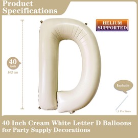 Cream White Letter D Balloons, 40 Inch Giant Letter Balloons D Foil Mylar Helium White Letter Balloons for Birthday Party Supplies Anniversary Event Celebration Decorations Alphabet White D