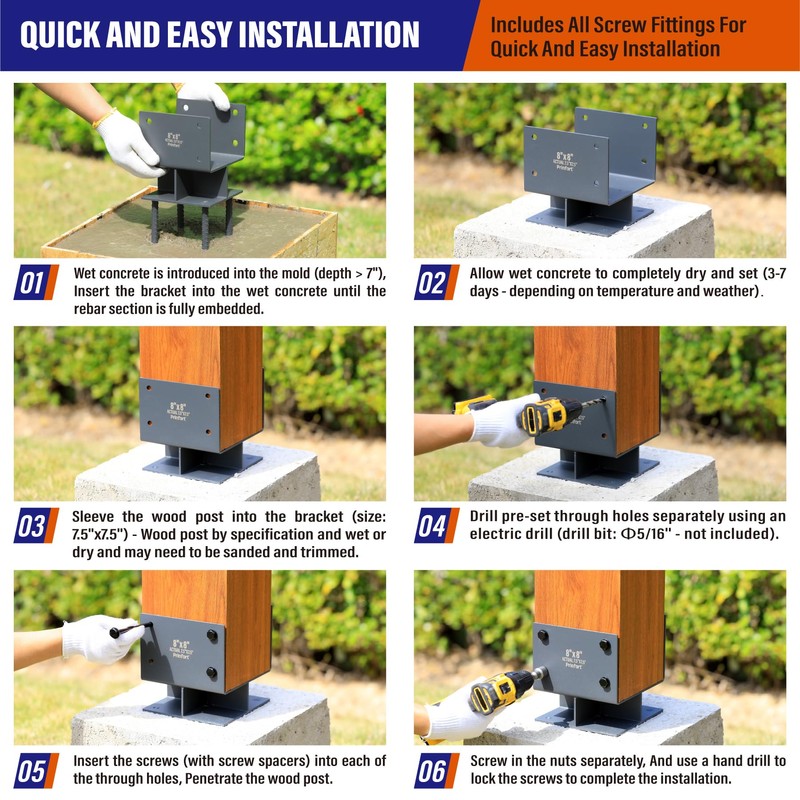 Prinfort Stainless Steel 8"x8"(Actual 7.5"x7.5") Post Base Bracket Concrete, Wet