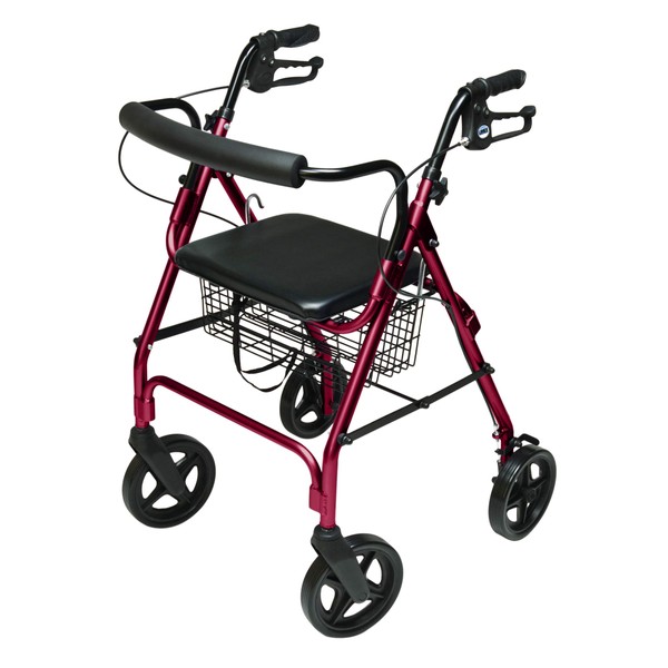 Lumex Walkabout Contour Deluxe Rollator with Seat - Larger 8" Wheels & Padded Backrest for Upgraded Comfort - Red, RJ4805R