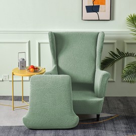 MIFXIN Wingback Chair Slipcover 2 Piece Stretch Wing Back Chair Cover with Cushion Cover Soft Washable Armchair Furniture Protector for Living Room Bedroom (Jacquard Green)