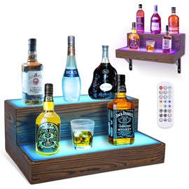 Wine Rack with LED Light Liquor Bottle Display Shelf Wall Mounted, 2 Tier Acrylic Illuminated Bar Bottle Display Case Floating Shelf RGB Lighting for Home Commercial Bar Party