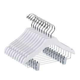 Quality White Wooden Kids Pant Skirt Hanger 10-Pack, Luxury Wave Design Chrome 360 Swivel Hook (10, 13" inch with Clips)