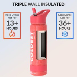Coldest Sports Water Bottle with Straw Lid Vacuum Insulated Stainless Steel Metal Thermos Bottles Leak Proof Flask for Sports (24 oz, Mars Red Glitter)