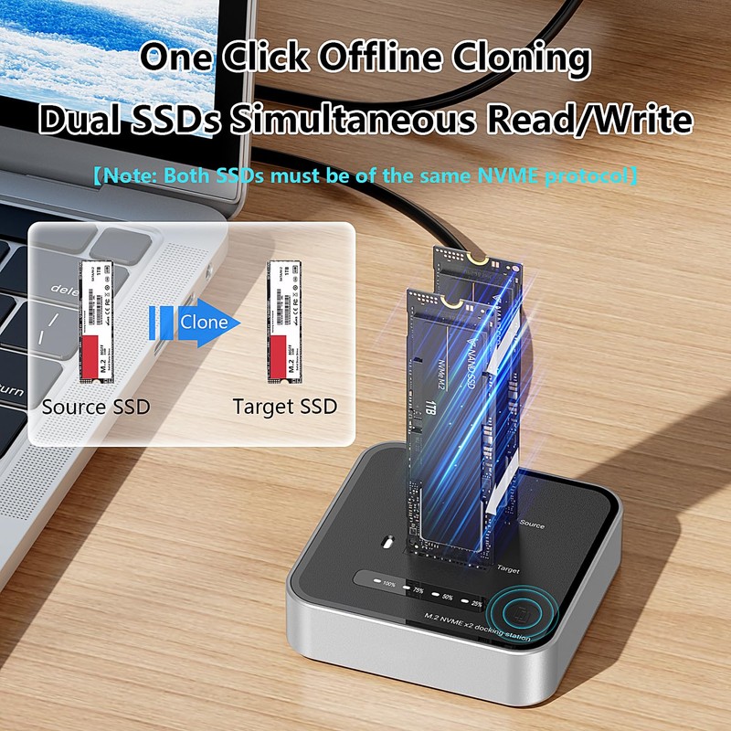 MiliPow Dual-Bay M.2 NVMe SSD Enclosure, Offline Clone SSD Duplicator,