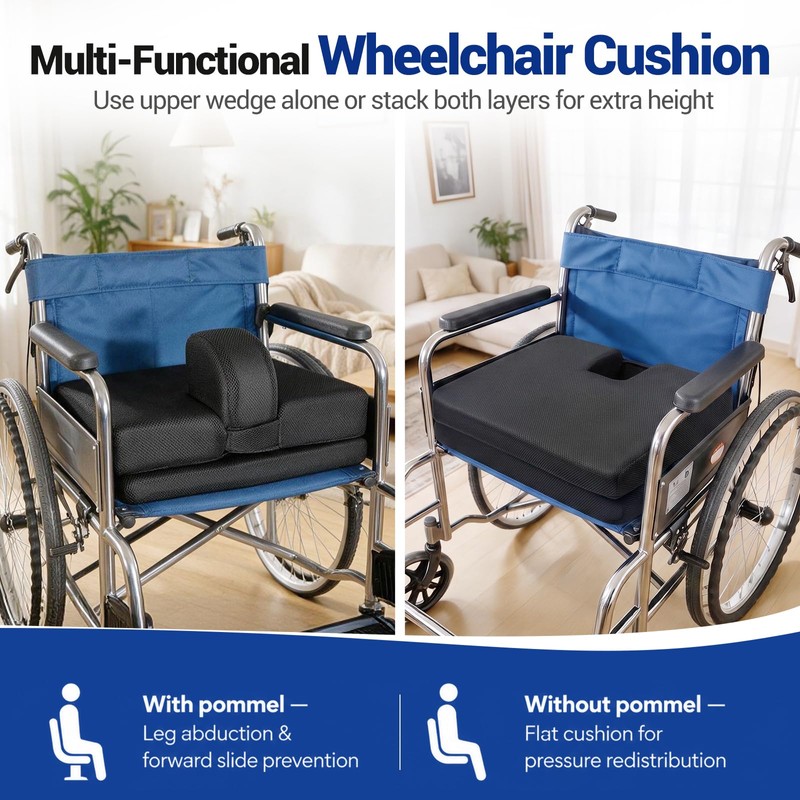 Adjustable Height Wheelchair Wedge Pommel Cushion, Prevents Forward Sliding