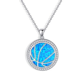 JERWLI Basketball Necklace for Women, 925 Sterling Silver Sports Necklace, Blue Opal Basketball Charm Necklace, Basketball Charm Necklace, Jewelry Gifts for Women, Sterling Silver, No Gemstone