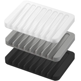 Self Draining Soap Dishes, 3 Pcs Silicone Waterfall Drainer Soap Holder for Bathroom, Extend Soap Life Keep Dry Clean & Easy Cleaning (Black, White, Gray)