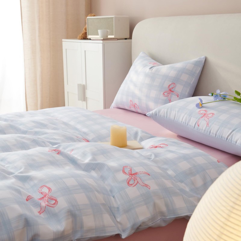 Bildenly Blue Plaid Twin Comforter Set - Pink Bow Quilt