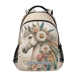 Horse Backpack for Students Boys Girls Horse Flowers Feathers School Bag Travel Daypack Rucksack