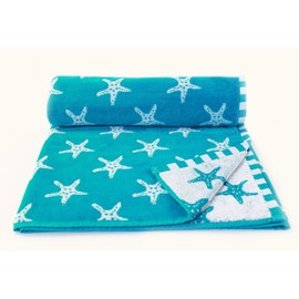 Beach Towels Large for Adults Large Size for sun lounger towel Soft velour cotton with quick dry terry fabric reverse Couple beach towel sets mix & match for family pool towel (STARFISH BLUE)