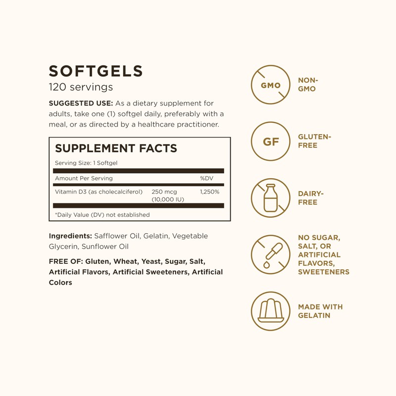 Solgar Vitamin D3 (Cholecalciferol) 250 MCG (10,000 IU), 120 Softgels