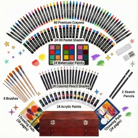 COOL BANK Wooden Deluxe Art Set with Acrylic Paints Colored Pencils & Drawing Pads, Holiday Birthday Gift for Kids Artists, Easter Halloween Christmas Art Supplies