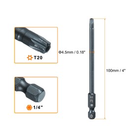TA-VIGOR 1Pcs T20 Torx Head Screwdriver Bits 1/4 Inch Hex Shank, 100mm Long Magnetic Tamper Proof Star S2 Steel Security Torx Bits with Hole for Impact Driver Drill Bits Hand Tools