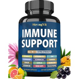 Immune Support Supplement 12 in 1 Complex with Vitamin C, D3, Zinc, Echinacea, Elderberry, Ginger, Turmeric. Immune Defend for Men & Women, Non-GMO, Gluten-Free, Vegan, USA