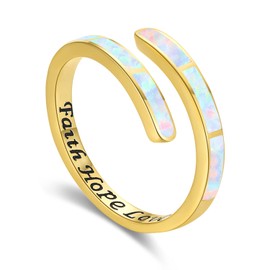 Twoowl Faith Hope Love Ring White Opal Ring 925 Sterling Silver Gold Adjustable Rings Opal Jewellery for Women Girls Birthday