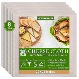 8Pcs Cheese Cloths, Grade 100 Cheesecloth for Straining With Unbleached 100% Cotton, Woven Extra-Fine Cheese cloth for Cooking With Hemmed Edge, 20x20 Inch Muslin Reusable Cheesecloth for Juicing